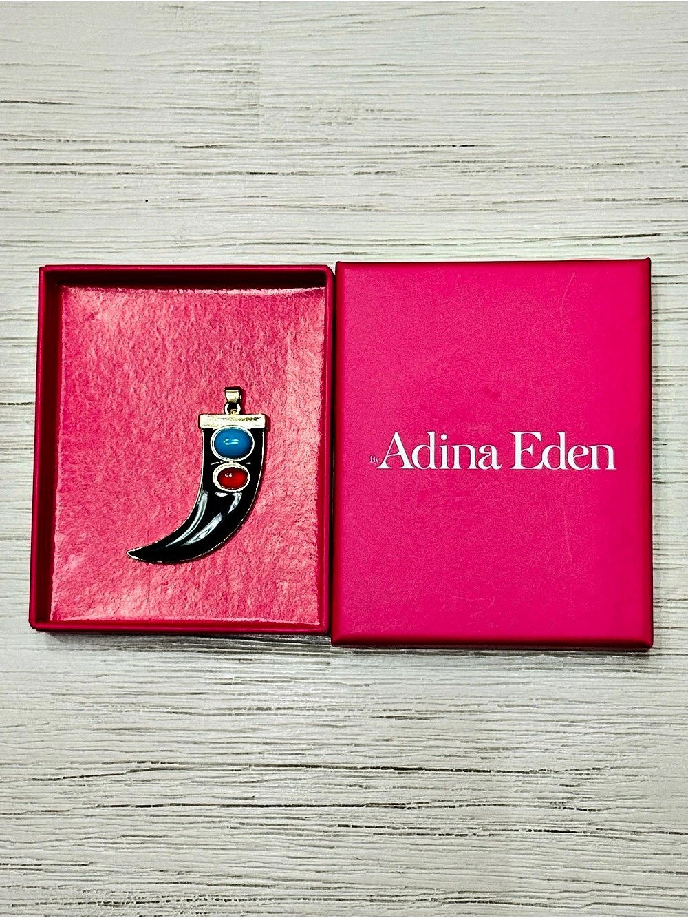 Adina Eden Gold-tone Black Crescent Pendant with Blue and Red Cabochons New